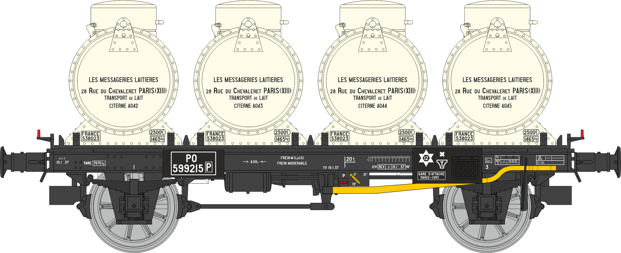 WB-955 - Plat + 4 Containers citerne à Lait MESSAGERIES LAITIERES Ep.II PO