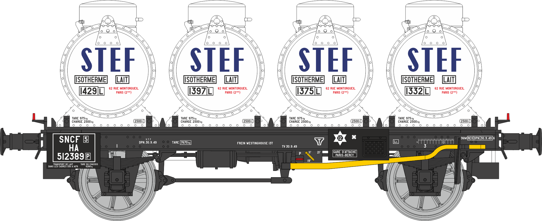 WB-956 - Plat + 4 Containers citerne à Lait STEF Ep.III A SNCF